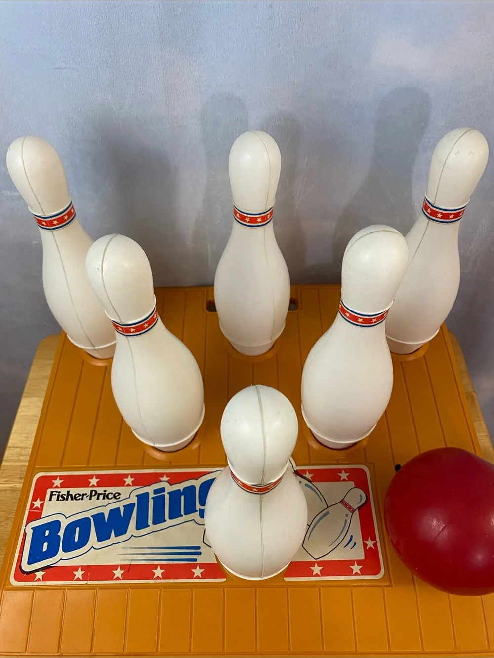Vintage 1987 Fisher-Price White Pin Bowling Set with Red Ball on Orange Base
